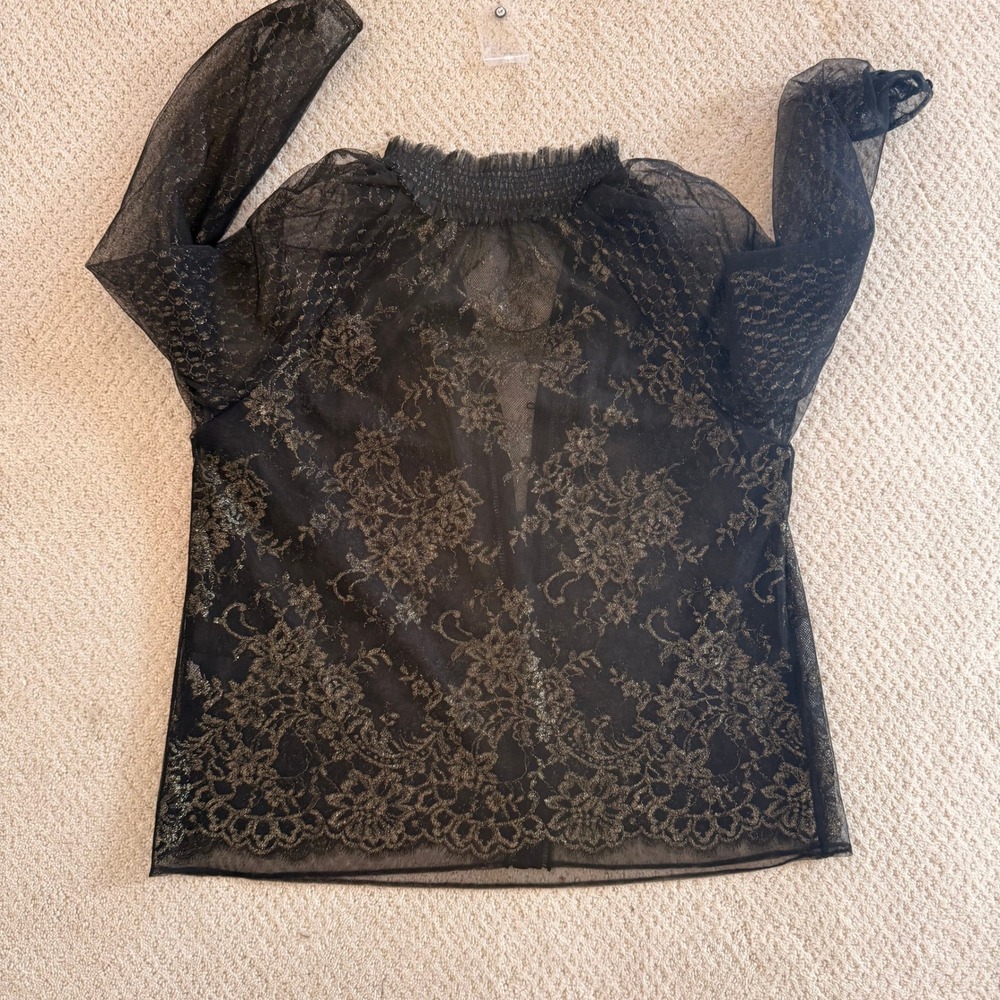 NWT White House Black Market Black Gold Metallic Lace Smocked Neck Blouse 12 Y2K - Picture 7 of 14